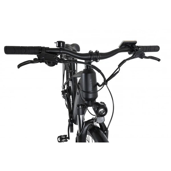 Front view of the Dawes Spire 1.0 Crossbar electric hybrid bike handlebar with brake levers, cables, and mounted headlight.
