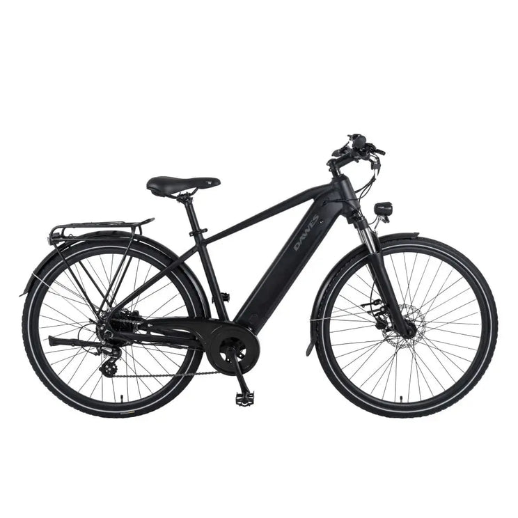 Side profile of the Dawes Spire 1.0 Crossbar electric hybrid bike in black, equipped with rear rack, mudguards, and front suspension fork.