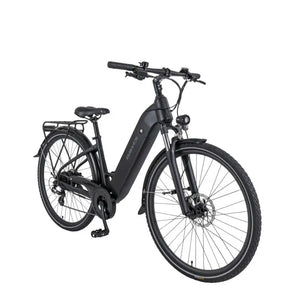 Side angled view of the Dawes Spire 1.0 Low Step electric hybrid bike in black, featuring a step-through frame, front suspension, and rear rack.