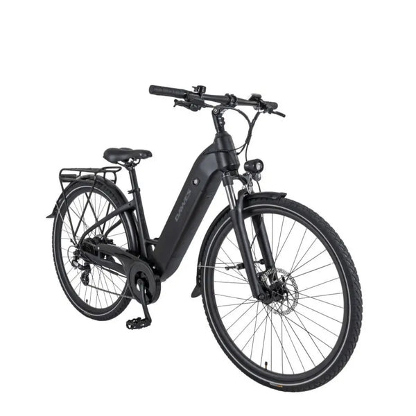 Side angled view of the Dawes Spire 1.0 Low Step electric hybrid bike in black, featuring a step-through frame, front suspension, and rear rack.