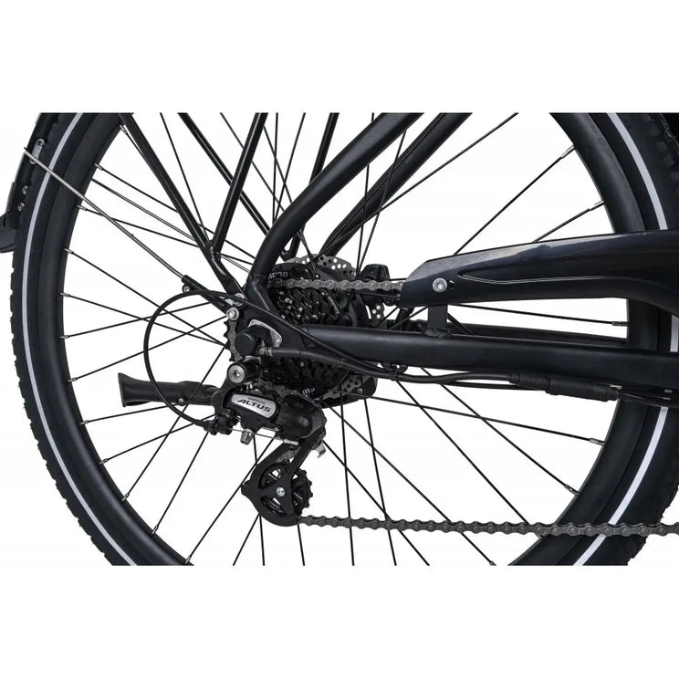 Shimano Altus rear derailleur and cassette of the Dawes Spire 1.0 Low Step electric hybrid bike.