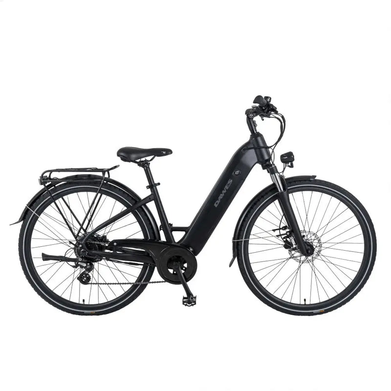 Full side profile of the Dawes Spire 1.0 Low Step electric hybrid bike in black, equipped with mudguards, disc brakes, and rear carrier.