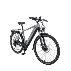 Angled front view of the Dawes Spire 2.0 Cues Crossbar electric hybrid bike in grey, highlighting the ergonomic frame design and wide tyres.
