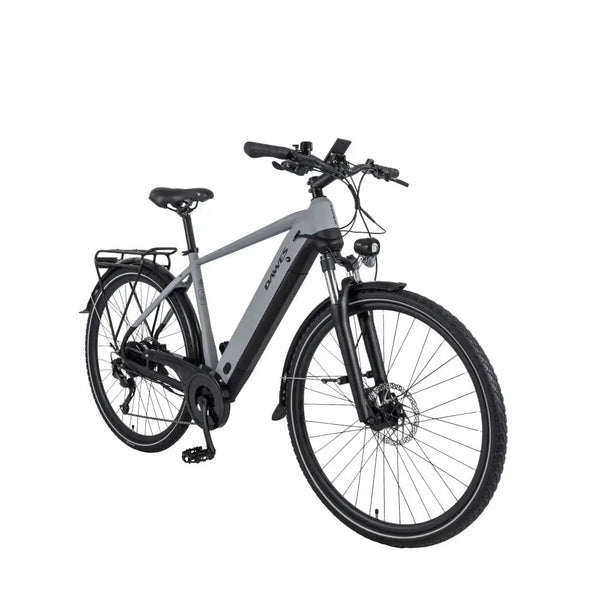 Angled front view of the Dawes Spire 2.0 Cues Crossbar electric hybrid bike in grey, highlighting the ergonomic frame design and wide tyres.