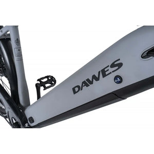 Close-up view of the integrated battery on the Dawes Spire 2.0 Cues Crossbar electric hybrid bike in grey, showing the Dawes logo and secure locking system.