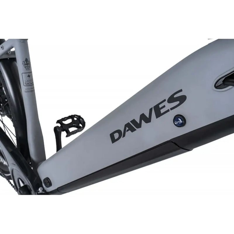 Close-up view of the integrated battery on the Dawes Spire 2.0 Cues Crossbar electric hybrid bike in grey, showing the Dawes logo and secure locking system.