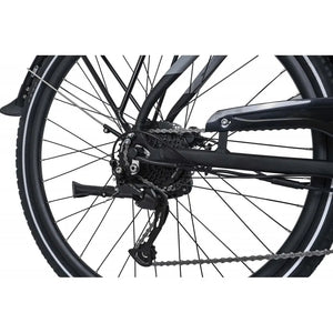Close-up view of the rear derailleur and gear system on the Dawes Spire 2.0 Cues Crossbar electric hybrid bike in black.