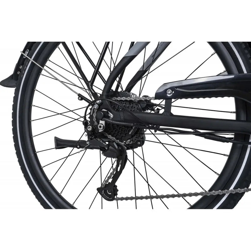 Close-up view of the rear derailleur and gear system on the Dawes Spire 2.0 Cues Crossbar electric hybrid bike in black.