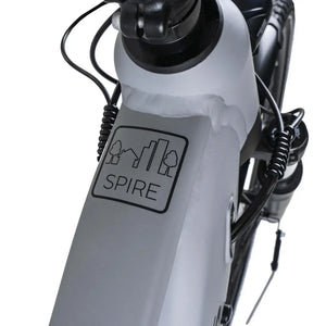 Front frame section of the Dawes Spire 2.0 Cues Crossbar electric hybrid bike in grey, showing the Spire logo.