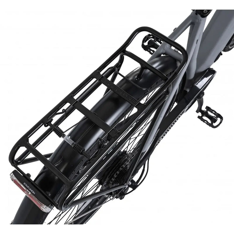 Rear luggage rack and mudguard on the Dawes Spire 2.0 Cues Crossbar electric hybrid bike.