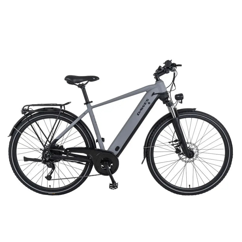 Side profile of the Dawes Spire 2.0 Cues Crossbar electric hybrid bike in grey, featuring front suspension, rear pannier rack, and disc brakes.