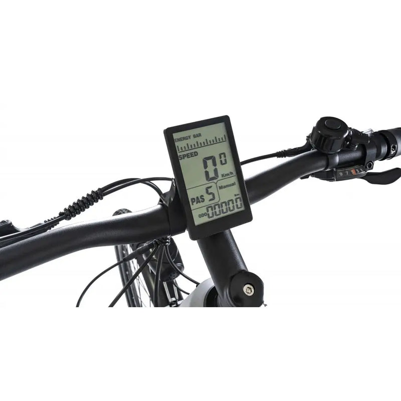 Close-up of the LCD handlebar display on the Dawes Spire 2.0 Cues Crossbar electric hybrid bike, showing speed, battery level, and pedal assist settings.