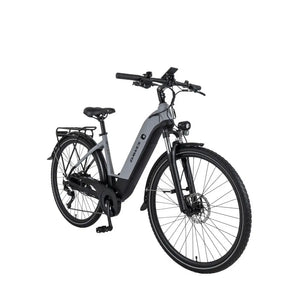 Front angled view of the Dawes Spire 2.0 Cues Low Step electric hybrid bike highlighting frame design and disc brakes.