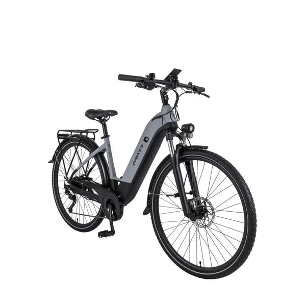 Front angled view of the Dawes Spire 2.0 Cues Low Step electric hybrid bike highlighting frame design and disc brakes.