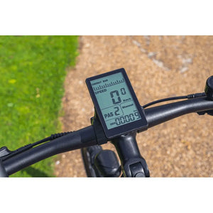 LCD display screen on the handlebars of a Dawes Spire 2.0 Cues Low Step electric hybrid bike 250W, showing speed, pedal assist level, and odometer.