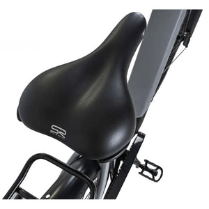 Close-up of the Selle Royal saddle on the Dawes Spire 2.0 Cues Low Step electric hybrid bike in black.