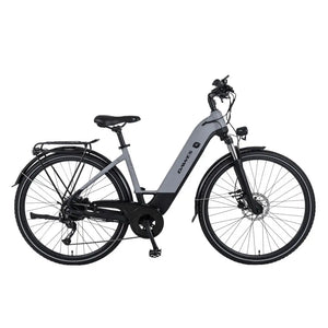 Side profile of the Dawes Spire 2.0 Cues Low Step electric hybrid bike showing step-through frame and 250W motor.