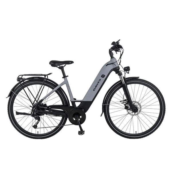 Side profile of the Dawes Spire 2.0 Cues Low Step electric hybrid bike showing step-through frame and 250W motor.