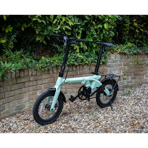 Angled Side view of the E-Go CarbonLite mid-drive folding e-bike in green.