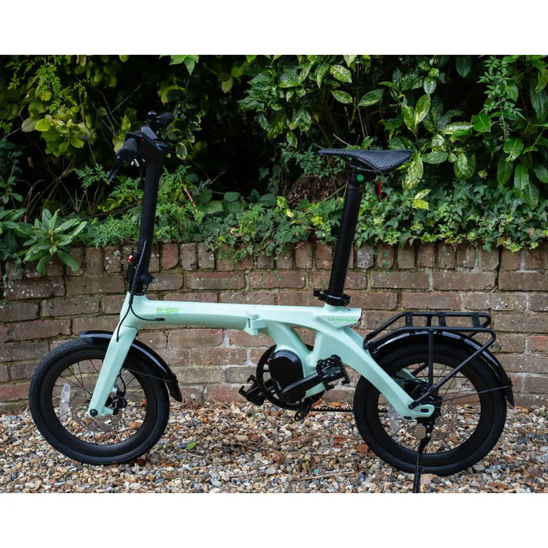 Side view of the E-Go CarbonLite mid-drive folding e-bike in green.