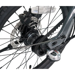Extreme close-up of the Shimano Nexus internal gear hub with Gates Carbon Belt Drive and rear disc brake on the CarbonLite 3S.