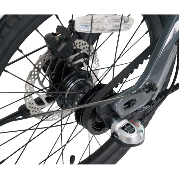 Extreme close-up of the Shimano Nexus internal gear hub with Gates Carbon Belt Drive and rear disc brake on the CarbonLite 3S.