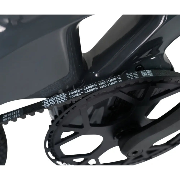 Extreme close-up of the DAYCO Power Carbon Belt Drive on the EGo CarbonLite 3S folding e-bike.