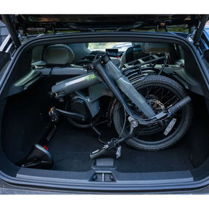 Fully folded E-Go CarbonLite 3S electric bike fitting easily inside a car boot/trunk.