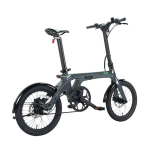 Rear angled view of the EGo CarbonLite 3S folding electric bike in a sleek slate grey finish.