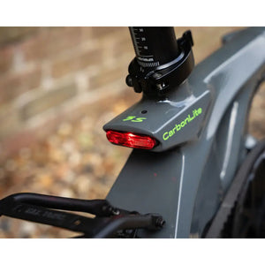 Close-up of the E-Go CarbonLite 3S frame, showing the CarbonLite logo and rear reflector mount.