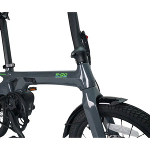 Close-up of the main frame tube and E-Go logo on the slate grey CarbonLite 3S folding e-bike.