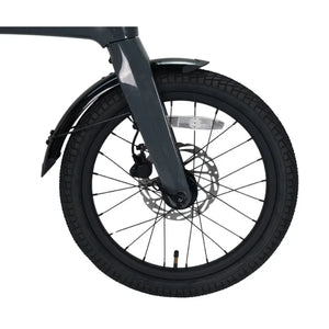 Close-up of the 16-inch front wheel and hydraulic disc brake on the EGo CarbonLite 3S.