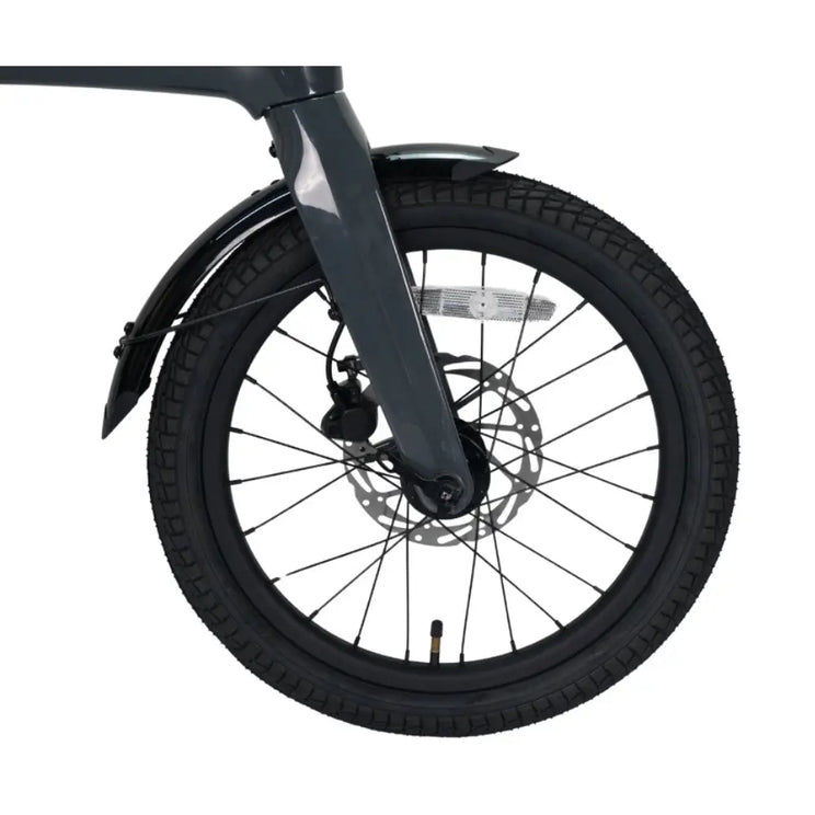 Close-up of the 16-inch front wheel and hydraulic disc brake on the EGo CarbonLite 3S.