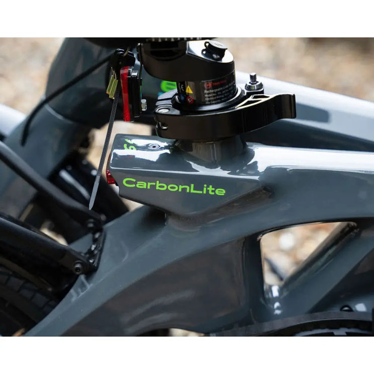 Detail shot of the integrated seatpost clamp and battery housing area on the E-Go CarbonLite 3S frame.
