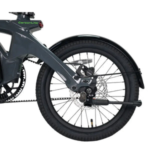 Close-up of the rear wheel, fender, and disc brake system on the EGo CarbonLite 3S.