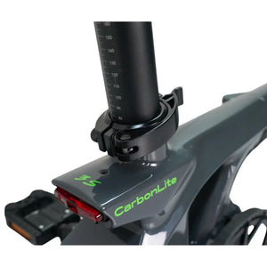Close-up of the seat post clamp, CarbonLite logo, and integrated rear light on the grey frame.