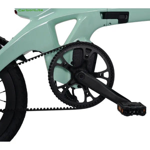 Close-up showing the Gates Carbon Belt Drive system and crank on the E-Go CarbonLite.