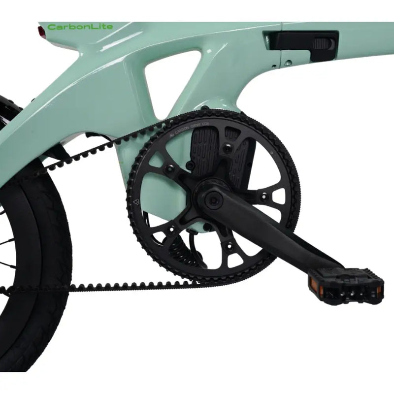 Close-up showing the Gates Carbon Belt Drive system and crank on the E-Go CarbonLite.