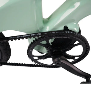 Extreme close-up of the maintenance-free Gates Carbon Belt Drive system on the E-Go CarbonLite e-bike.