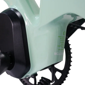 Close-up of the mid-drive motor housing and crank area integrated into the frame of the E-Go e-bike.