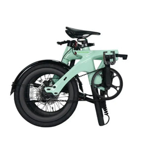 The E-Go CarbonLite folding e-bike fully folded for compact storage and portability.