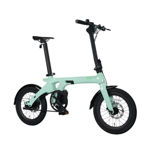 Angled view of the E-Go CarbonLite folding electric bike in a distinctive light green finish.