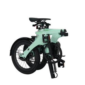 The E-Go CarbonLite folding e-bike fully folded for compact storage and portability.
