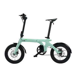 Side view of the E-Go CarbonLite folding electric bike in a distinctive light green finish.