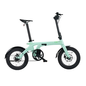 Side view of the E-Go CarbonLite folding electric bike in a distinctive light green finish.