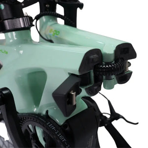 Detailed view of the quick-release folding mechanism and connecting points on the E-Go CarbonLite's frame.