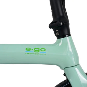 Detailed shot of the E-Go logo on the smooth, lightweight frame of the CarbonLite folding e-bike.