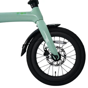 Close-up of the front wheel and disc brake on the E-Go CarbonLite folding bike.
