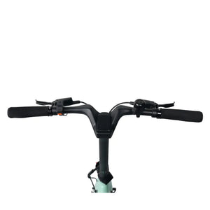 View of the handlebar cockpit, showing grips, brake levers, and minimalist controls on the folding e-bike.