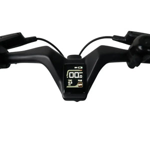 Close-up of the digital handlebar display and controls on the E-Go CarbonLite folding bike.